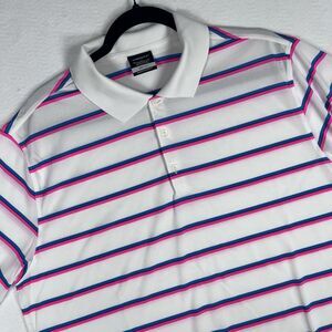 Nike Golf Shirt Mens XL Dri-Fit Polo White Blue Pink Striped Short Sleeve Tiger